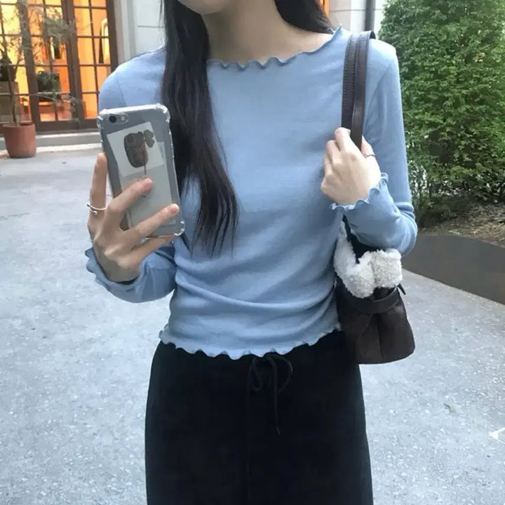 [BUNJANG] Frill Neck Long Sleeve T-Shirt - Sky Blue / 프릴 넥 긴팔 티셔츠 소라색