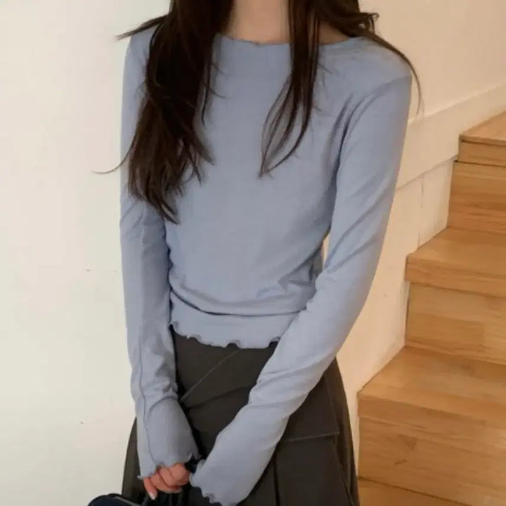 [BUNJANG] Frill Neck Long Sleeve T-Shirt - Sky Blue / 프릴 넥 긴팔 티셔츠 소라색