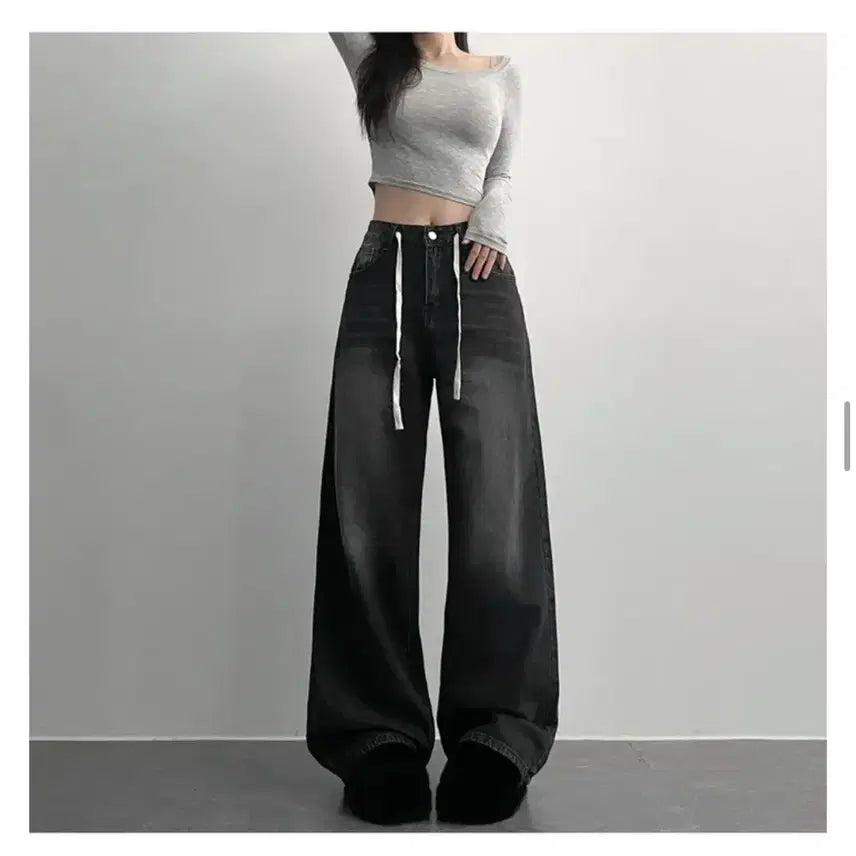 [BUNJANG] Ablley Black Wide Leg Pants / 에이블리 흑청 와이드 팬츠