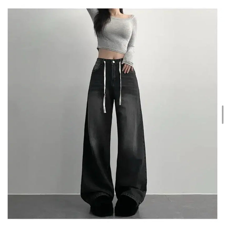 [BUNJANG] Ablley Black Wide Leg Pants / 에이블리 흑청 와이드 팬츠