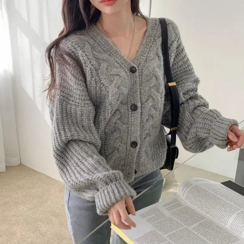 [BUNJANG] Wool Crop Gray Knit Cardigan / 도톰 울 크롭 그레이 니트 가디건