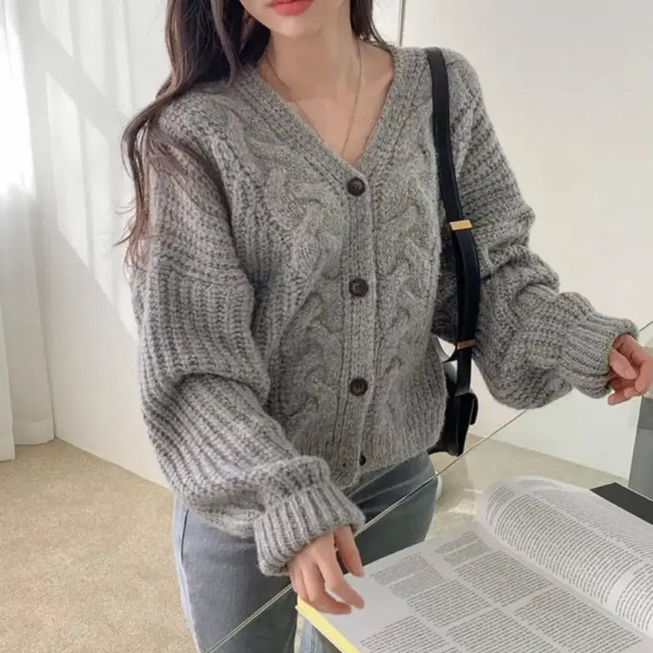 [BUNJANG] Wool Crop Gray Knit Cardigan / 도톰 울 크롭 그레이 니트 가디건