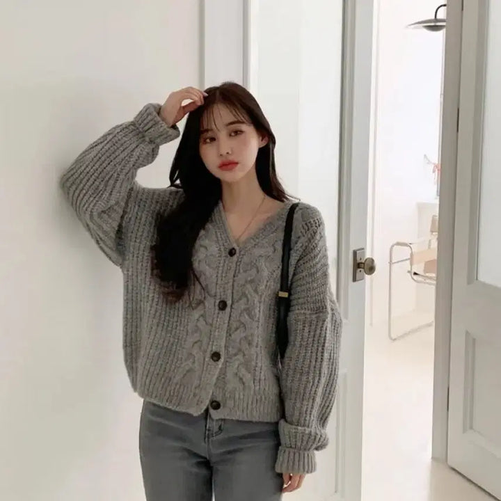 [BUNJANG] Wool Crop Gray Knit Cardigan / 도톰 울 크롭 그레이 니트 가디건