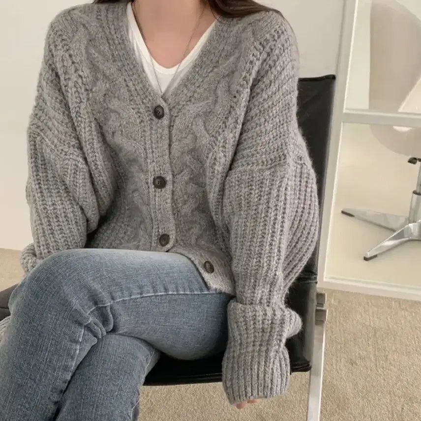 [BUNJANG] Wool Crop Gray Knit Cardigan / 도톰 울 크롭 그레이 니트 가디건