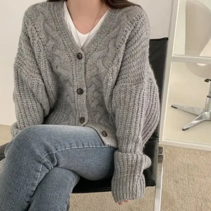 [BUNJANG] Wool Crop Gray Knit Cardigan / 도톰 울 크롭 그레이 니트 가디건