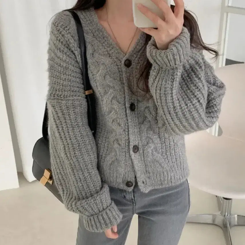 [BUNJANG] Wool Crop Gray Knit Cardigan / 도톰 울 크롭 그레이 니트 가디건