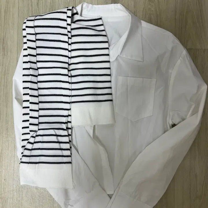 [BUNJANG] Dear by Me Striped Knit Layered Shirt Set / [새상품] 에이블리 디어바이미 셔츠 + 줄무늬 니트 세트