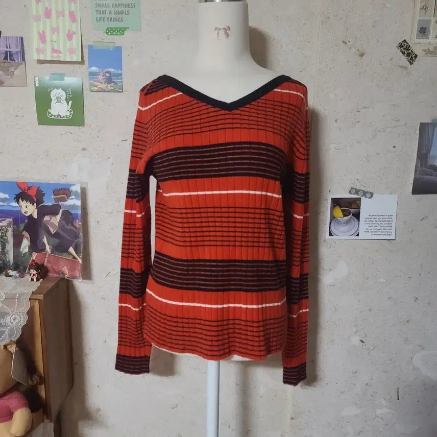 [BUNJANG] GU Orange Black Stripe V-Neck Knit Sweater / GU 오렌지 블랙 스트라이프 V넥 니트