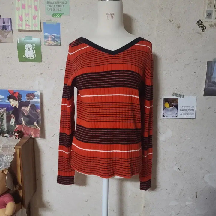 [BUNJANG] GU Orange Black Stripe V-Neck Knit Sweater / GU 오렌지 블랙 스트라이프 V넥 니트