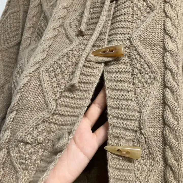 [BUNJANG] Beige Cable Knit Hooded Cardigan / 베이지 케이블 니트 후드 가디건