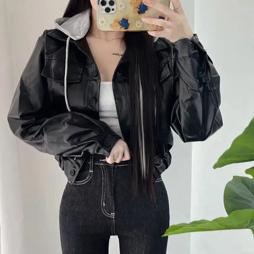 [BUNJANG] Banding Crop Hooded Leather Jacket / 밴딩 크롭 후드 레더 자켓
