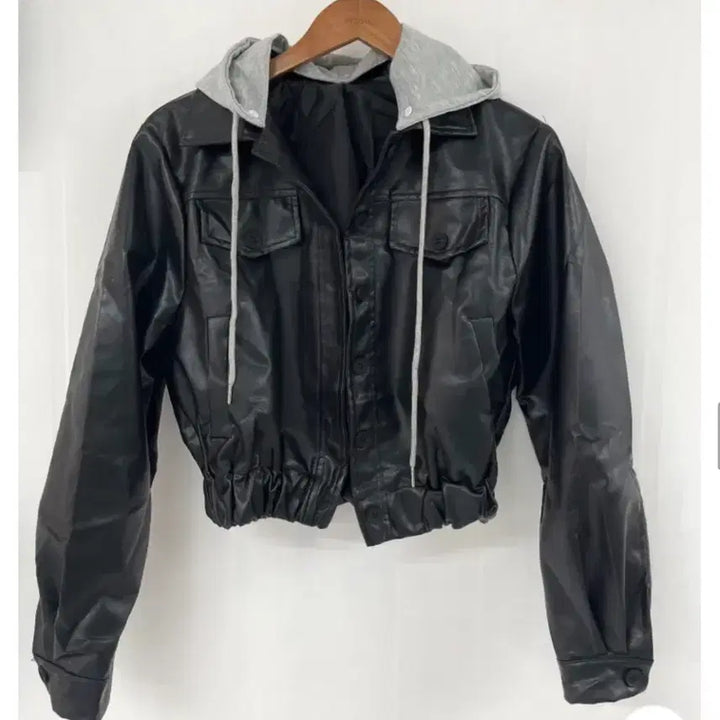 [BUNJANG] Banding Crop Hooded Leather Jacket / 밴딩 크롭 후드 레더 자켓