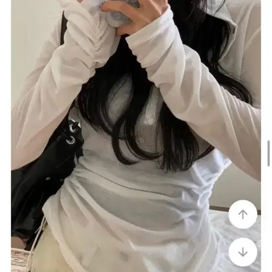 [BUNJANG] Ablie Shirring Hooded Long Sleeve Top / 에이블리 시스루 버튼 셔링 스트링 긴팔 후드 티셔츠