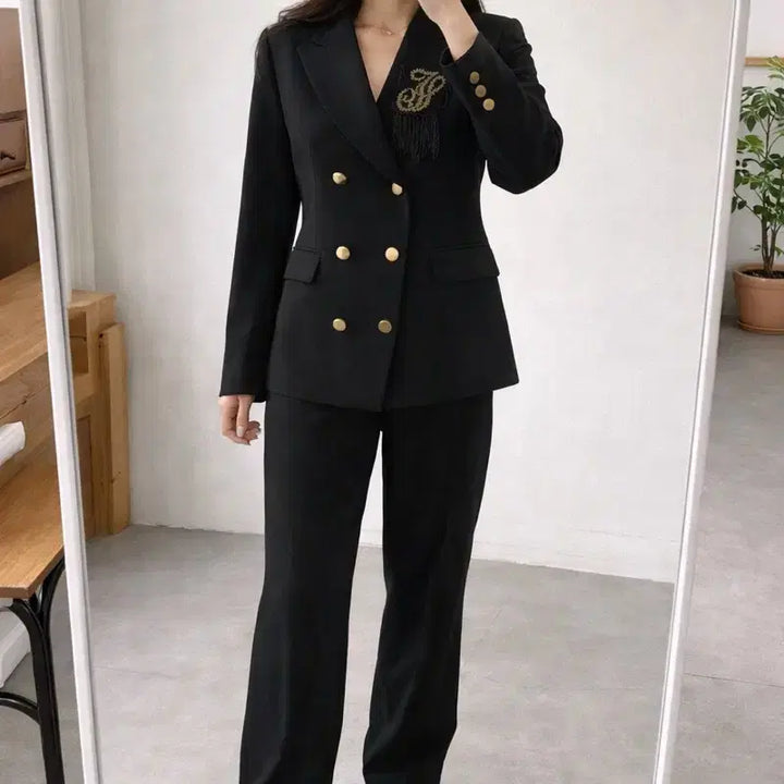 [BUNJANG] SJSJ Gold Button Chain Detail Double Jacket / SJSJ 한섬 블랙 더블자켓 55 골드버튼 체인디테일