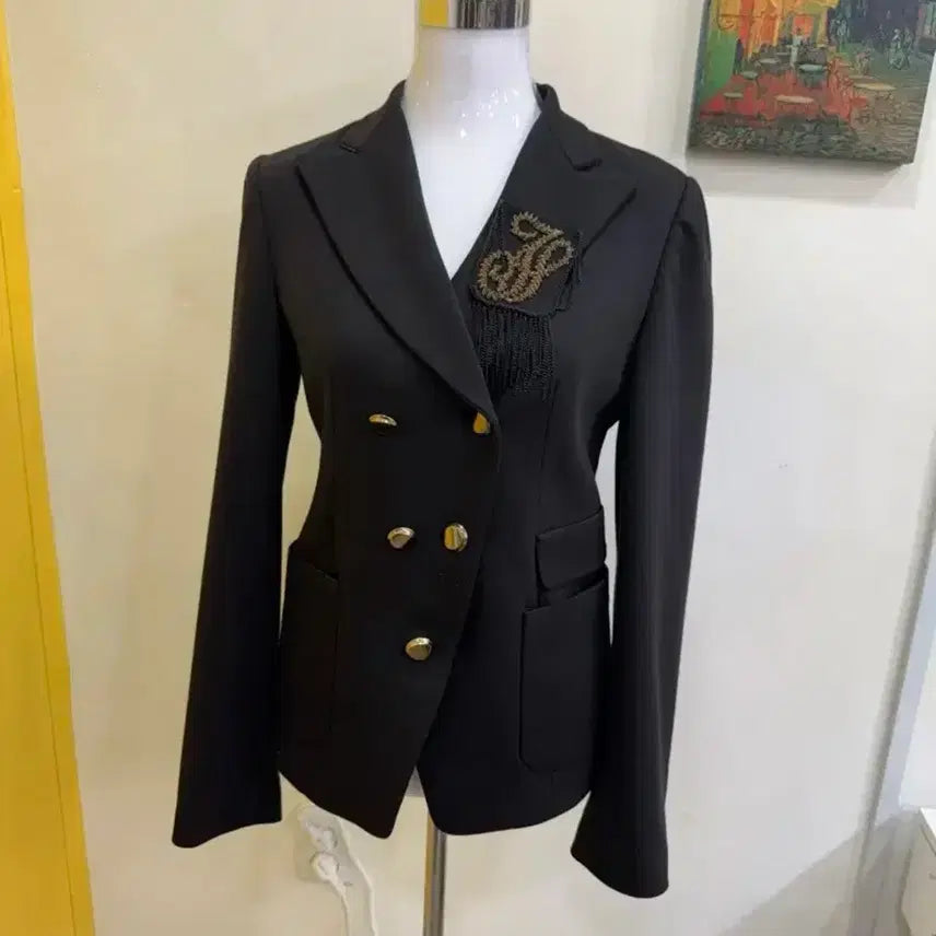 [BUNJANG] SJSJ Gold Button Chain Detail Double Jacket / SJSJ 한섬 블랙 더블자켓 55 골드버튼 체인디테일