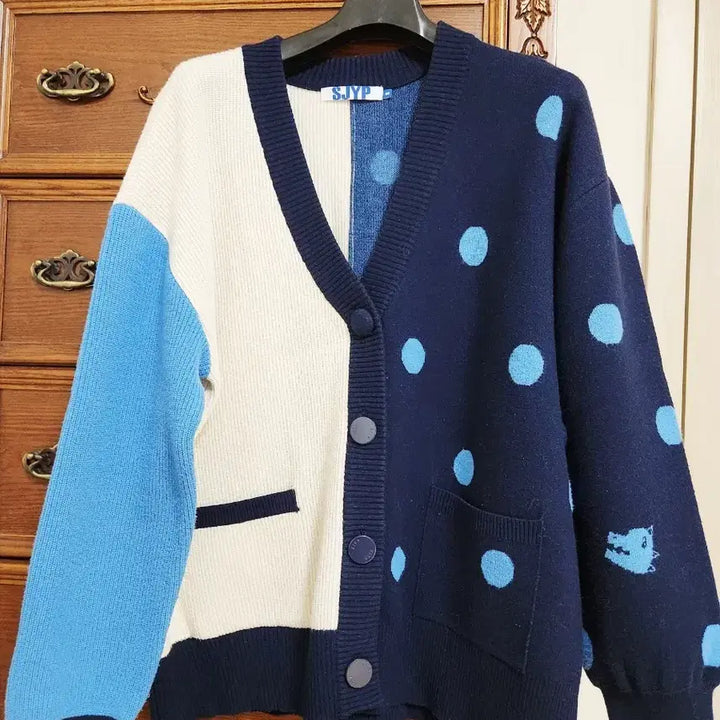 [SOLD OUT] SJYP 배색 도트 가디건 S사이즈 울혼방 네이비 아이보리
