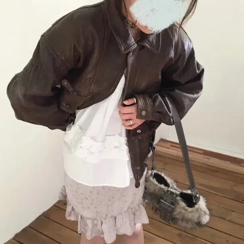 [BUNJANG] Wise Girl Vintage Leather Jacket Set / 와이즈걸 빈티지 가죽 자켓 코디