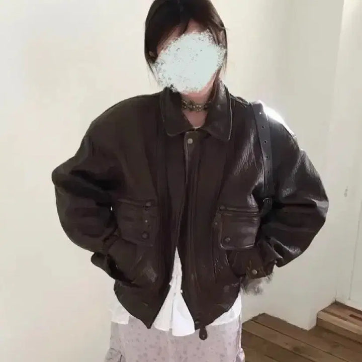 [BUNJANG] Wise Girl Vintage Leather Jacket Set / 와이즈걸 빈티지 가죽 자켓 코디