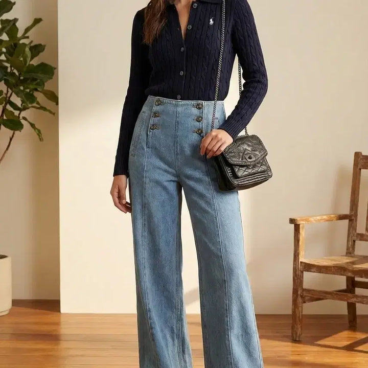 [BUNJANG] Seventy + Mochi Marine Button Wide High-Waist Denim Pants / [세븐티모치] 마린 버튼 와이드 하이웨스트 데님 팬츠