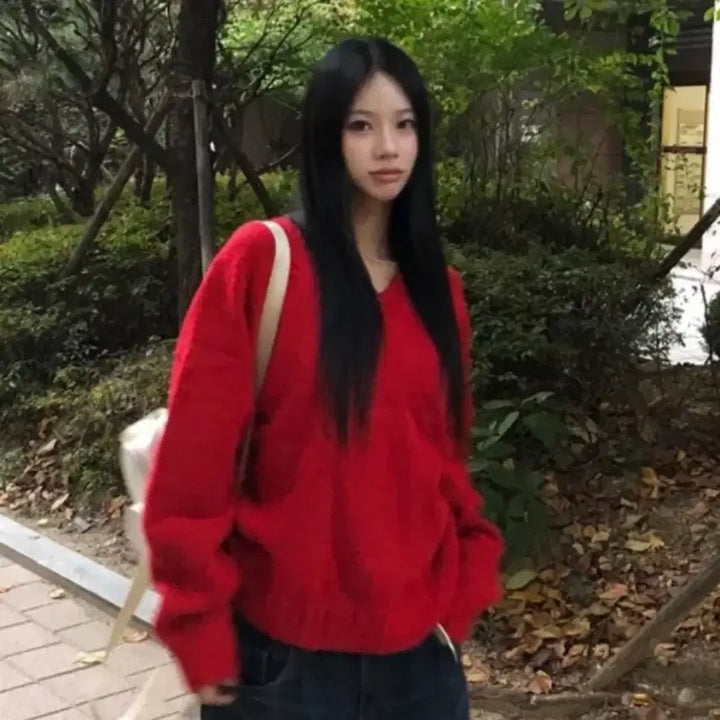 [BUNJANG] Avely Burgundy Red V-Neck Oversized Knit Sweater / 에이블리 버건디 레드 브이넥 오버핏 니트