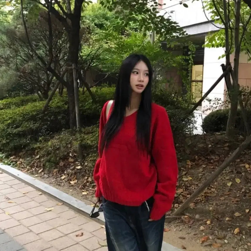 [BUNJANG] Avely Burgundy Red V-Neck Oversized Knit Sweater / 에이블리 버건디 레드 브이넥 오버핏 니트