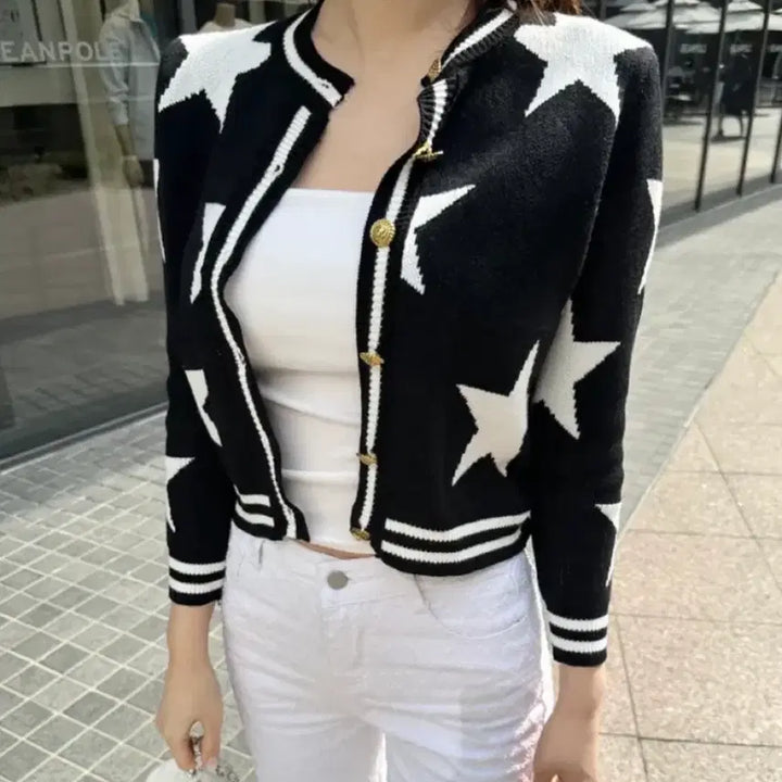[BUNJANG] Star Pattern Black Cardigan / 수입의류 별 스타 패턴 블랙 배색 가디건