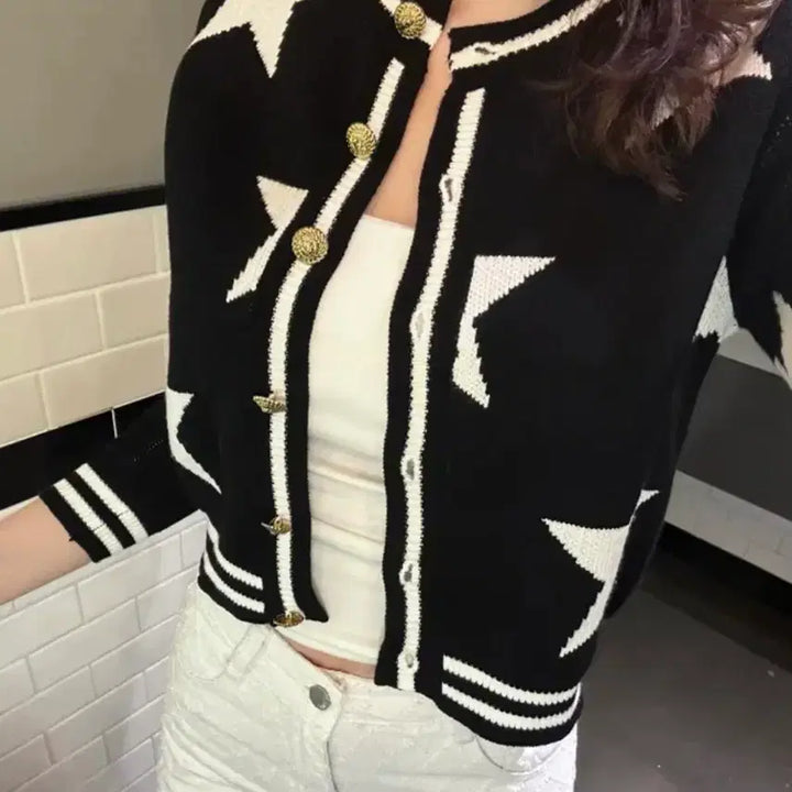 [BUNJANG] Star Pattern Black Cardigan / 수입의류 별 스타 패턴 블랙 배색 가디건