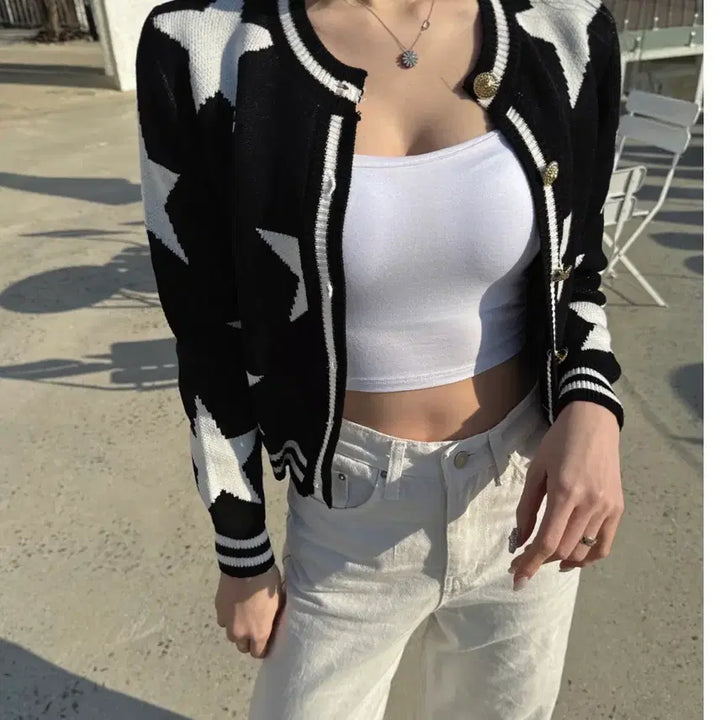 [BUNJANG] Star Pattern Black Cardigan / 수입의류 별 스타 패턴 블랙 배색 가디건