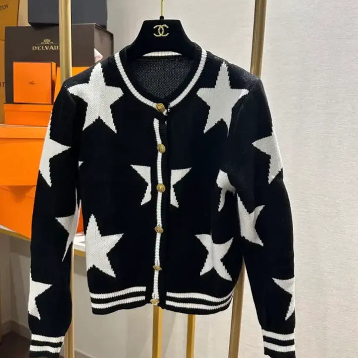 [BUNJANG] Star Pattern Black Cardigan / 수입의류 별 스타 패턴 블랙 배색 가디건