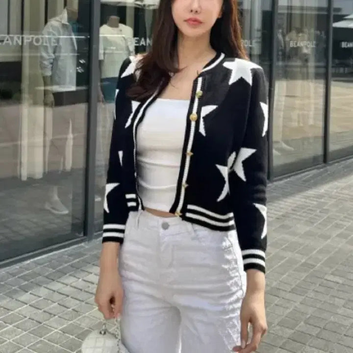 [BUNJANG] Star Pattern Black Cardigan / 수입의류 별 스타 패턴 블랙 배색 가디건