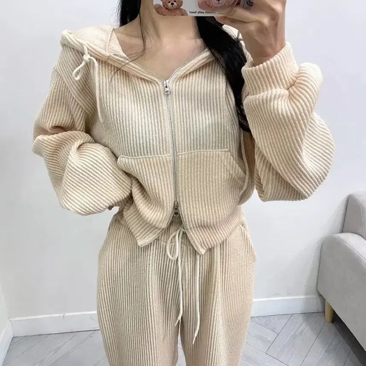 [BUNJANG] Ivory Ribbed Zip-Up Hoodie &amp; Training Pants Set / 아이보리 골지 후드집업 트레이닝 세트