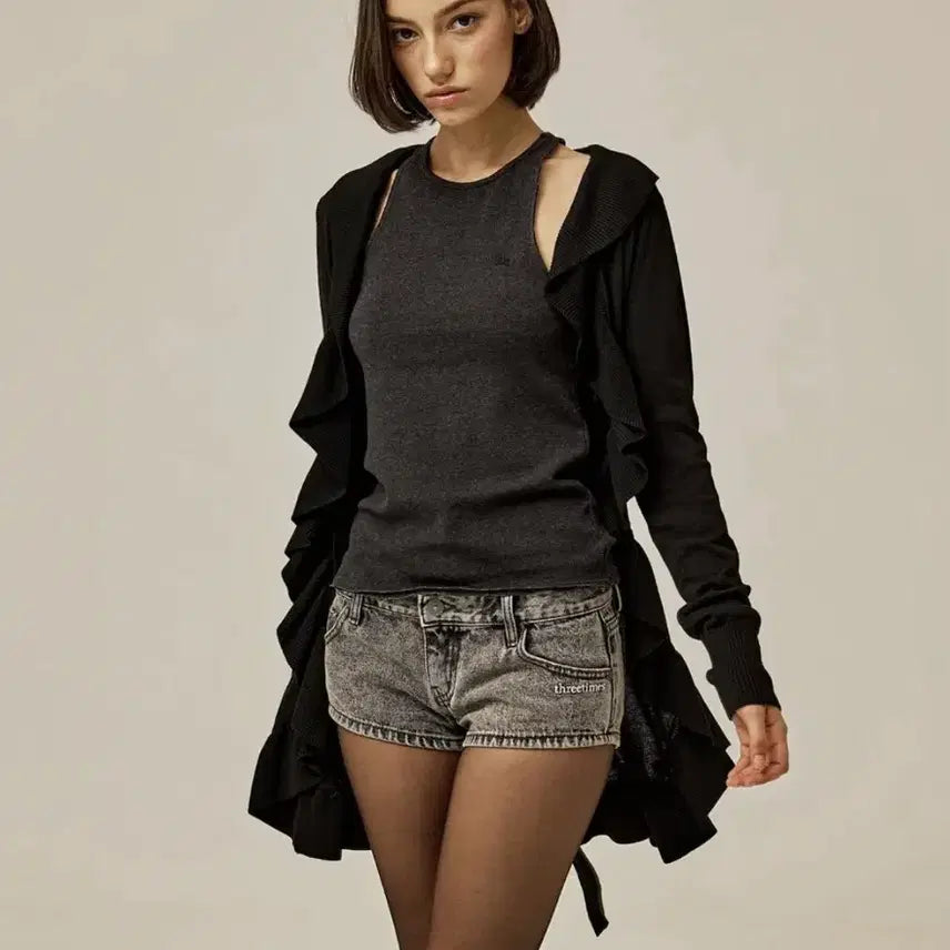 [BUNJANG] 3.times Maple Ruffle Cardigan Black / M) 쓰리타임즈 메이플 러플 가디건 블랙