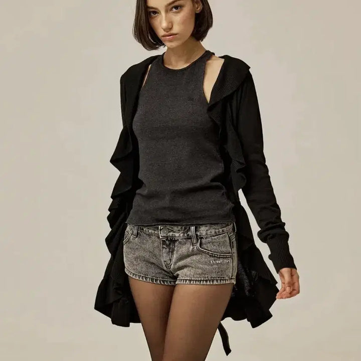 [BUNJANG] 3.times Maple Ruffle Cardigan Black / M) 쓰리타임즈 메이플 러플 가디건 블랙