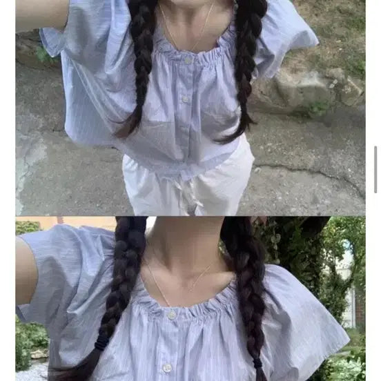 [BUNJANG] Stripe Puff Blouse - New Arrival / 스트라이프 퍼프 블라우스 새상품