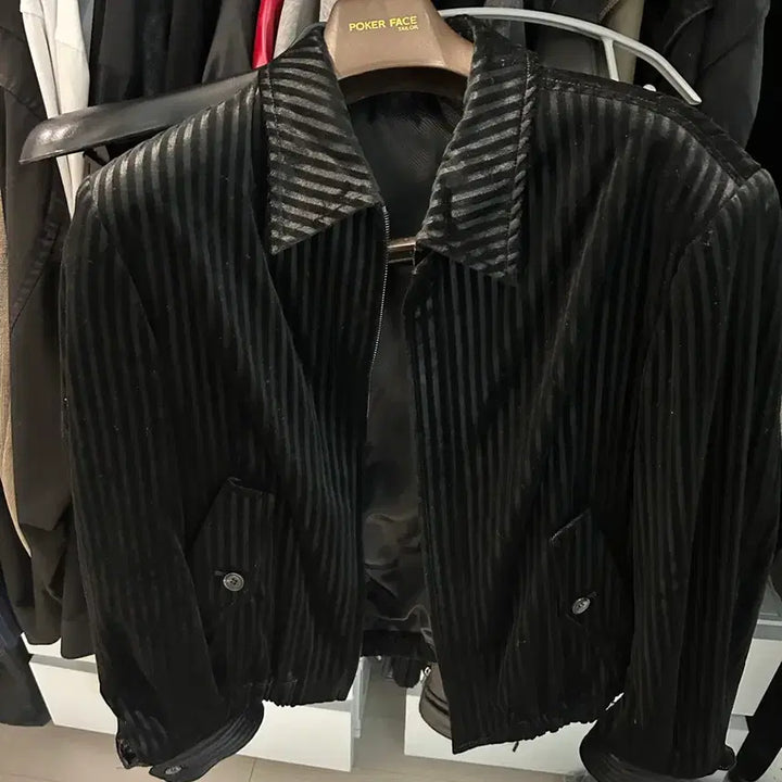 [BUNJANG] RECTO Velvet Poker Face Black Stripe Blouson Size 48 / 렉토 벨벳맛 포커페이스 블랙 스트라이프 블루종 48사이즈