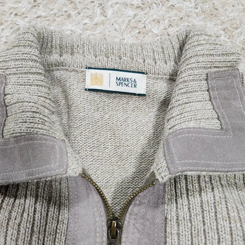 [BUNJANG] Vintage Box Marks & Spencer Leather Accent Knit Zip Jacket (L) / (빈티지박스) 막스앤스펜서 정품 가죽 배색 니트 집업 자켓 L사이즈