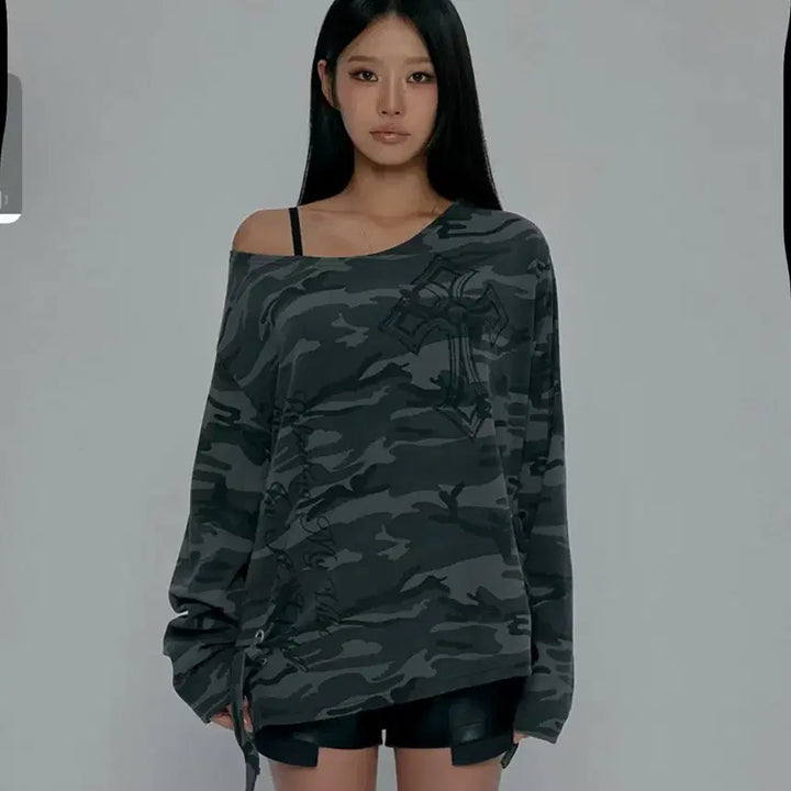 [BUNJANG] GilraArchive One Shoulder Graphic Long Sleeve Camo / 길라아카이브 원숄더 그래픽 롱슬리브 카모