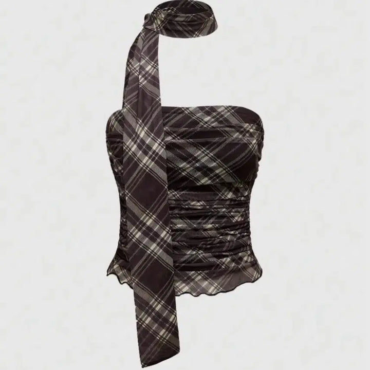 [BUNJANG] Unbranded Sleeveless Top (Brown, L) / 체크 플리츠 민소매 탑