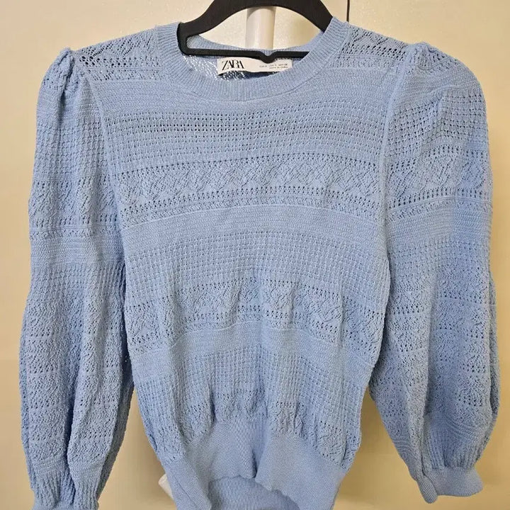 [BUNJANG] Zara Sky Blue Knit Puff Blouse / 자라 하늘색 니트 퍼프 블라우스