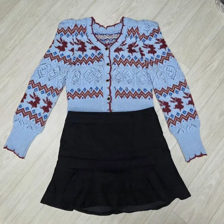 [BUNJANG] Puff Sleeve Cubic Knit Top &amp; Black Denim Skirt Set / 퍼프소매 큐빅니트 + 흑청데님스커트