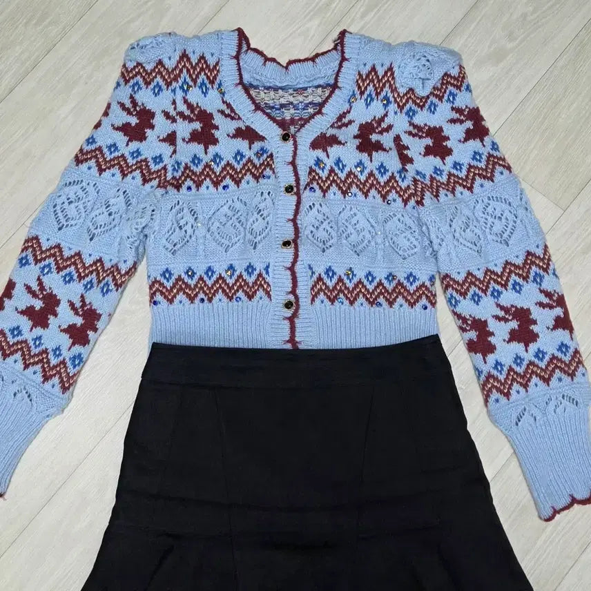 [BUNJANG] Puff Sleeve Cubic Knit Top &amp; Black Denim Skirt Set / 퍼프소매 큐빅니트 + 흑청데님스커트