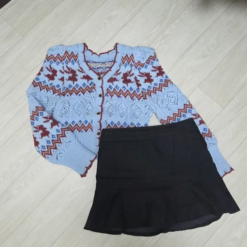 [BUNJANG] Puff Sleeve Cubic Knit Top &amp; Black Denim Skirt Set / 퍼프소매 큐빅니트 + 흑청데님스커트