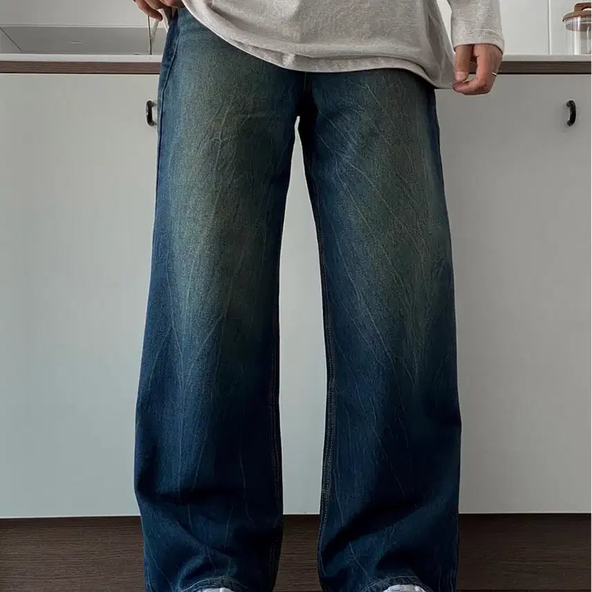 [BUNJANG] Crack Wash Wide Denim Jeans / 크랙워싱 와이드 데님