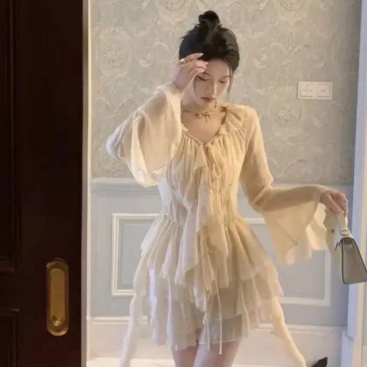 [BUNJANG] Imported Chiffon Lace Ruffle Two-Piece Set / 새상품) 여신 쉬폰 레이스 프릴 블라우스 스커트 투피스 세트 수입의류