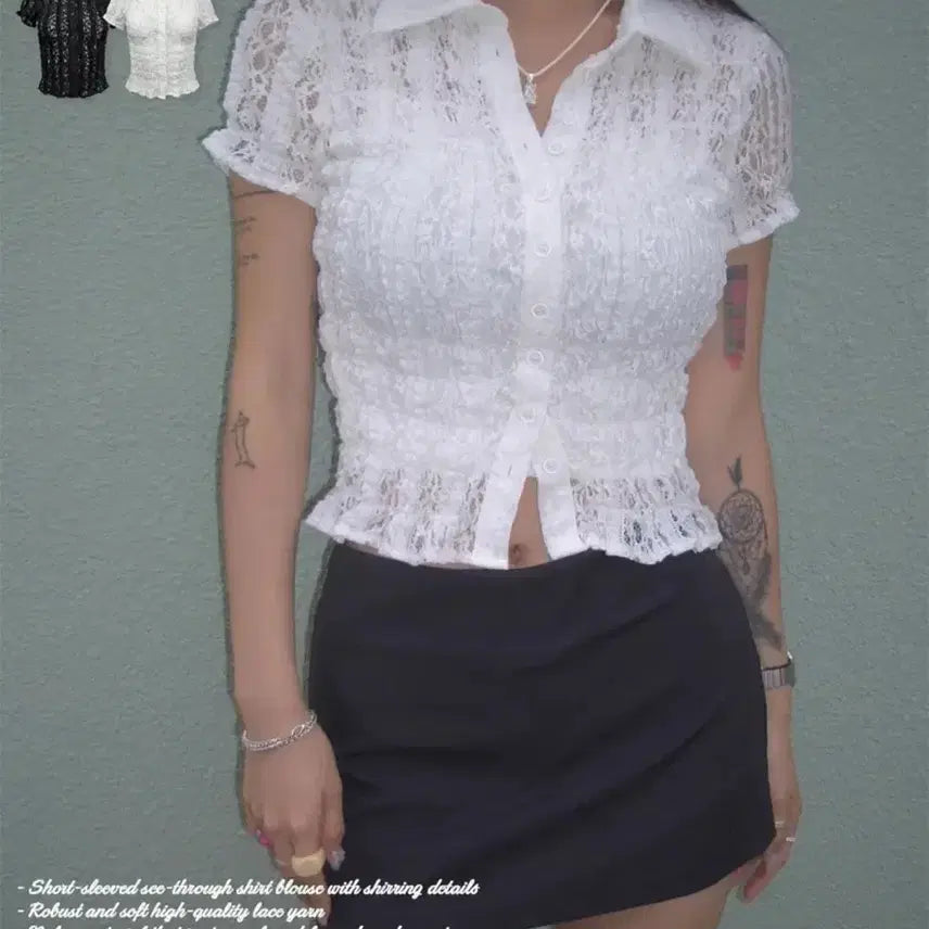 [BUNJANG] Faejaye Rinkle See-through Lace Blouse / 페일제이드 링클 시스루 블라우스 레이스