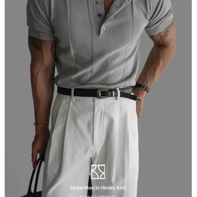 [BUNJANG] Bauro Striped Muscle Henley Knit L / 바우로 스트라이프 머슬 헨리넥 니트 L