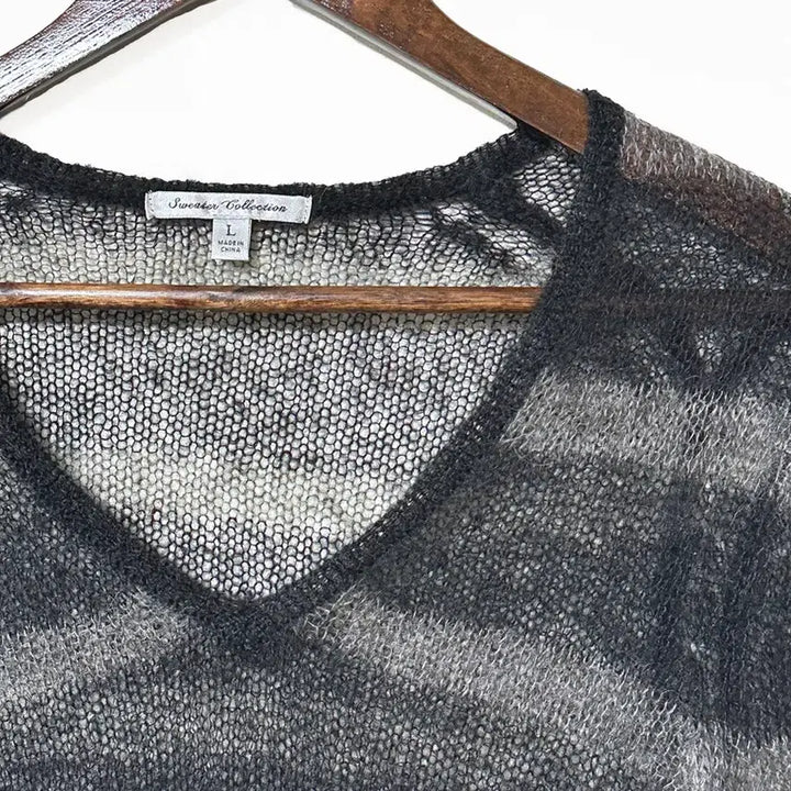 [BUNJANG] Vintage Mohair See-through Striped Long Sleeve Knit Top / 일본빈티지 모헤어시스루단가라스트라이프 긴소매니트블랙 모리걸하구미룩갸루y2