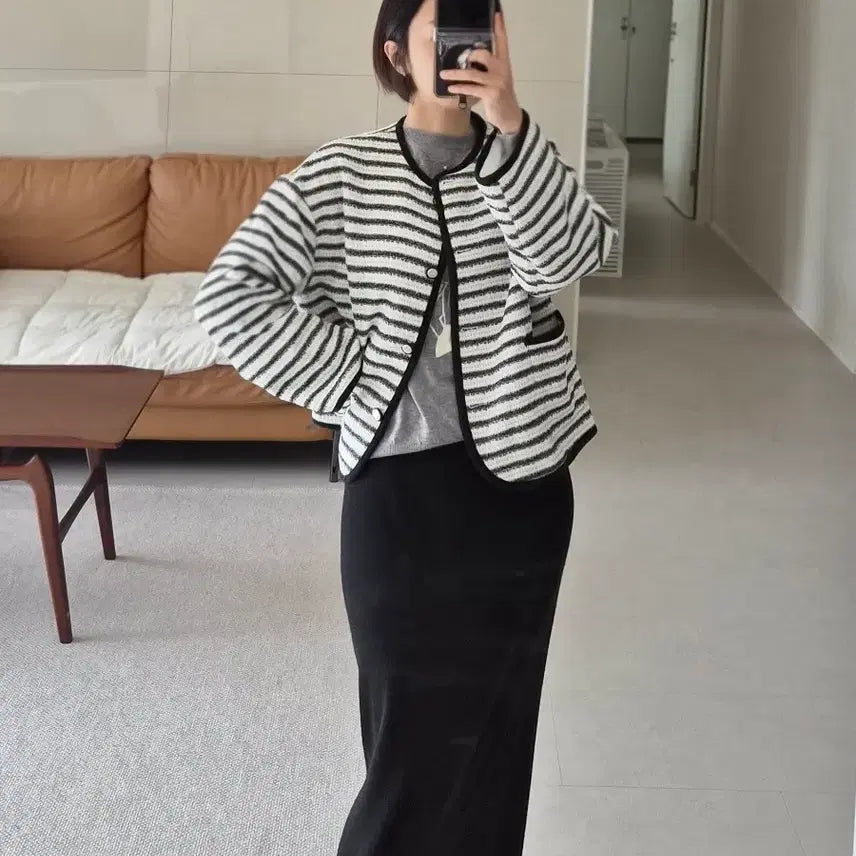 [BUNJANG] Oversized Tweed Jacket / 오버사이즈 트위드 자켓 / 스트라이프 가디건 봄 가을 간절기 얇고 가벼운
