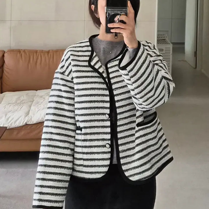 [BUNJANG] Oversized Tweed Jacket / 오버사이즈 트위드 자켓 / 스트라이프 가디건 봄 가을 간절기 얇고 가벼운