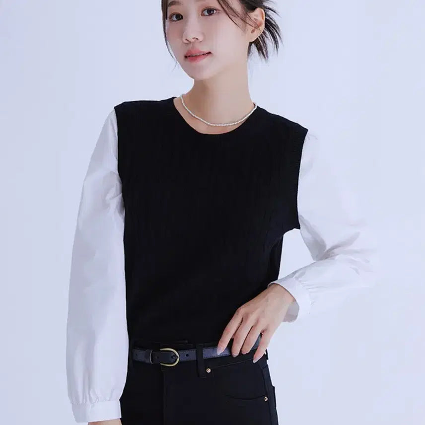 [BUNJANG] ROM Woven Matching Vest Pullover / 로엠 우븐매칭 조끼 풀오버